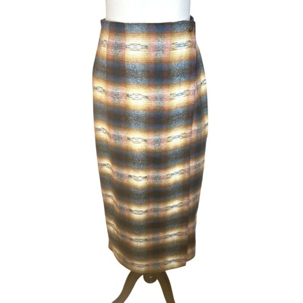 Vintage Womens Southwestern Plaid Wrap Skirt Brown Blue Woven Midi RN‎ 54867